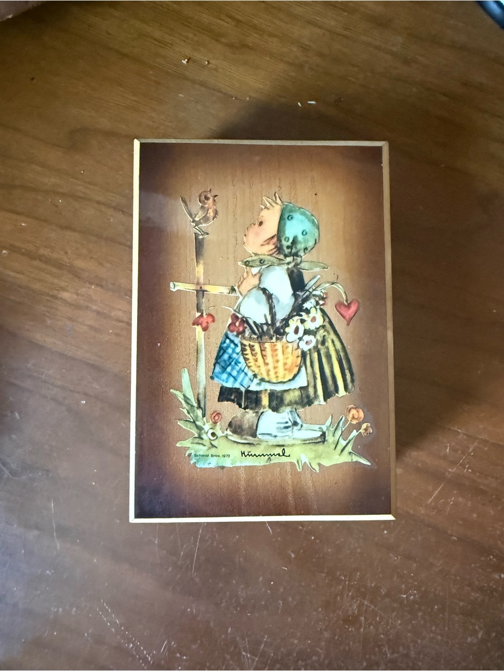 Hummel Girl Wood Music Box in Green Bonnet and Blue Apron